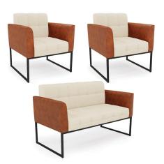 Sofá Namoradeira E 2 Poltronas Base Industrial Preto Elisa Nozes-linho Bege A19 D03 - D`rossi