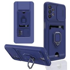 Capa de suporte de anel magnético para Samsung Galaxy A52 A53 5G A71 A21S S22 S23 Ultra Plus Slot para cartão de proteção de lente deslizante Capa traseira, azul, para S23 Plus