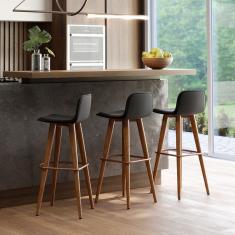 Kit 3 Banquetas Altas Luxo Linea Aço Cobre Linho Preto Base Carvalho