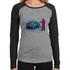 Baby Look Raglan Lava Jato Mulher Manga Longa - Foca na Moda, Cinza, P