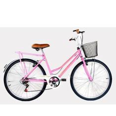 Bicicleta Aro 26 Kls Retro Sport Freio V-Brake 6 Marchas, Rosa, Dourad