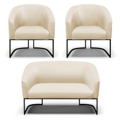 Sofá Namoradeira E 2 Poltronas Base Industrial Preto Stella Corino Bege D03 - D'rossi