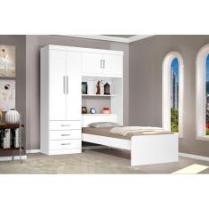 Guarda Roupa Roupeiro Solteiro 4 Portas com Cama Cancun Branco / Branco Lilas