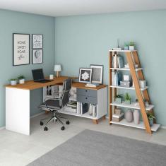 conjunto de escrivaninha com estante de escritório gold star 2 gv freijó e branco