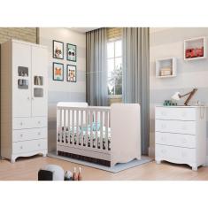 Quarto de Bebê Completo Berço Americano Ben 3 Em 1 Cômoda Júnior Simples 4 Gavetas Guarda Roupa Uli 2 Portas 3 Gavetas Branco Carvalho 100% MDF Móveis