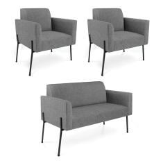 Sofá Namoradeira e 2 Poltronas Pé de Ferro Preto Marisa Linho Grafite D03 - D`Rossi