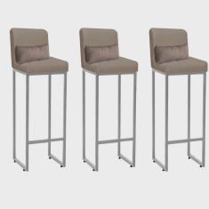 Kit 03 Banqueta Alta com Encosto Lucca Industrial Cozinha Balcão Ferro Cinza Sintético Bege e Almofada Bege - Ahazzo Móveis