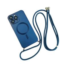 Capa magnética de cordão crossbody para iPhone 15 14 13 12 11 Pro Max Plus X XS XR Capa de proteção de câmera de TPU macio, azul marinho, para iPhone 12 Pro
