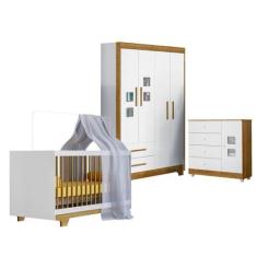 Quarto de Bebê com Berço Mini Cama, Cômoda 1 Porta 4 Gavetas e Roupeir