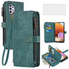 Asuwish Capa de telefone para Samsung Galaxy A32 4G 6,4 polegadas capa carteira e protetor de tela de vidro temperado couro flip porta-cartão de crédito slot acessórios para celular A 32 32A S32 G4