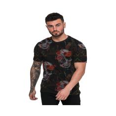 Camiseta Masculina Skull Flower Preta Top-Masculino