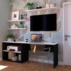 Conjunto Home Office com Escrivaninha, Estante Baixa e 3 Prateleiras Bramov Preto/branco