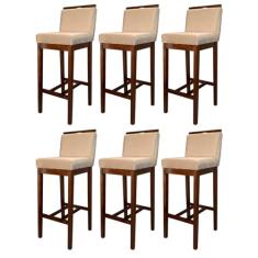 Kit 6 Banquetas Alta Estofada com Encosto Líbia Madeira Capuccino Suede Bege CCS