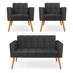 Kit 1 Sofá Namoradeira E 2 Poltronas Elisa Corino Preto Pés Palito Castanho - D`rossi