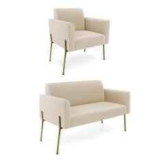 Sofá Namoradeira E Poltrona Pé De Ferro Dourado Marisa Suede Bege D03