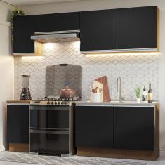 Cozinha Completa Glamy 10 7 Portas MDF 240cm Preto Rustic com Tampo e Puxadores em Alumínio