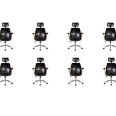 Kit com 8 Cadeiras de Escritório Presidente Giratória com Apoio de Cabeça Office Lisboa Preto