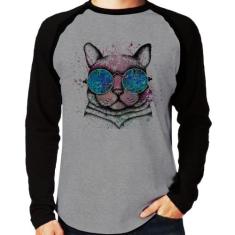 Camiseta Raglan Gato de Óculos Psicodélico Manga Longa - Foca na Moda,