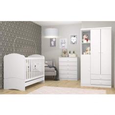 Quarto de Bebê com Guarda-roupa 3 Portas Cômoda e Berço 3 em 1 com Colchão Espresso Móveis Branco