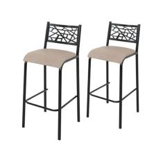 Conjunto 2 Banquetas com Assento Fixo para Cozinha Preto/Bege
