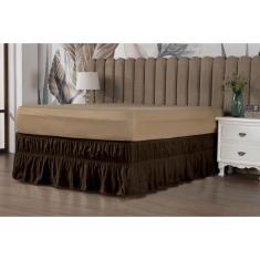 Saia Box Babado Cama Casal Queen e King Ajustável com 2 Elásticos Lisa Marrom