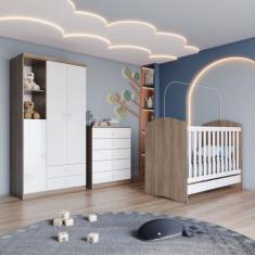Quarto de Bebê com Guarda-Roupa 3 Portas Cômoda e Berço Faz de Conta E