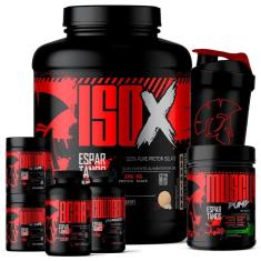 Kit Whey Protein ISO X 1800g + Creatina 100g + BCAA + Glutamina 100g + Colágeno + Pré Treino+ Shaker-Unissex