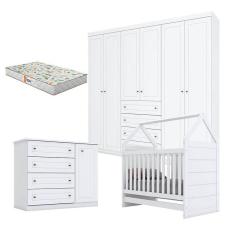 Quarto de Bebê Americano 6 Portas com Berço Montessoriano Branco HP e Colchão Gazin - Henn