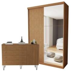 Conjunto Guarda-Roupa Solteiro 2 Portas de Correr e Cômoda 1 Porta 4 Gavetas Carvalho