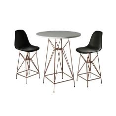 Jogo Mesa Bistrô Eames Branca 60cm 2 Banquetas Preta Base Ferro Cobre 