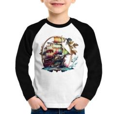 Camiseta Raglan Infantil Navio e Flores Manga Longa - Foca na Moda, Br