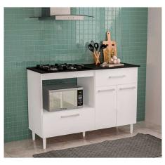 Balcão Para Cooktop De 4 Bocas Cidra Com Nicho Para Micro-ondas, 3 Portas E 1 Gaveta Branco E Preto