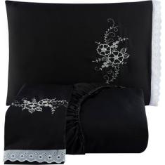 Jogo Lencol Bordado Casal Queen SIze com Lese 3 Pçs - Enxovais Helo, P
