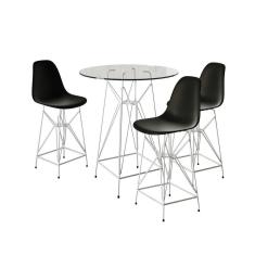 Jogo Mesa Bistrô Eames Vidro 60Cm 3 Banquetas Preta Base Ferro Branco - Cor: Branco