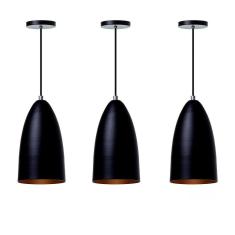 Kit 3 Lustre Pendente Bala M Preto Alumínio Decoração