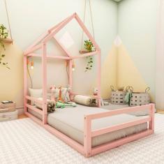 Cama Montessoriana Solteiro Meia Casinha Ludika Mobília limonada rosa