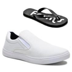 Kit Tênis Casual Masculino Slip On Elástico Conforto + Chinelo Branco