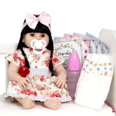 Tipo Boneca Bebê Reborn Fofa Morena Realista Grande 13 Itens - Cegonha