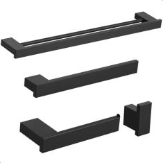 Kit 4 Acessórios Para Banheiro Preto Master Toalheiro Duplo, MetalCromo
