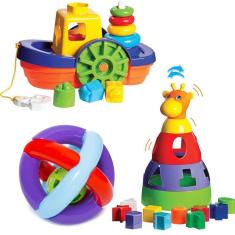 Kit De Brinquedos Para Bebês Barco + Girafa + Bola