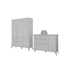 Kit Quarto Infantil Bebê Melinda Retrô Com Pés Cômoda 3 Gavetas E Guarda Roupa 3 Portas 2 Gavetas Cza - Phoenix Baby