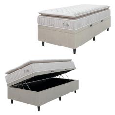 Cama Box Baú Colchão Solteiro Molas Ensacadas City Pillow Top 88x188x64cm Branco/Bege Hellen - Suporta até 110kg por Pessoa