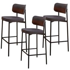 Kit 03 Banquetas Alta Bar Cozinha Sala De Jantar Aço Preto Kaira C01 Linho Preto Courino Whisky - Lyam Decor