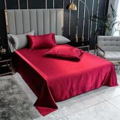 Lençol Superior Casal King Com 2 Fronhas Cetim Seda Vermelho - Confecc