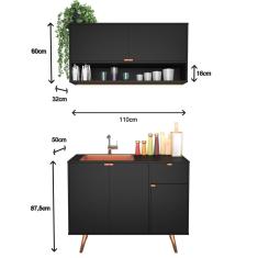 Cozinha Compacta Com Armário E Balcão Preto Com Cobre Retrô