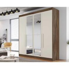 Guarda Roupa Solteiro Nantes 4 Portas de Abrir 3 Gavetas MDF com Espelho Braúna-off White Europa
