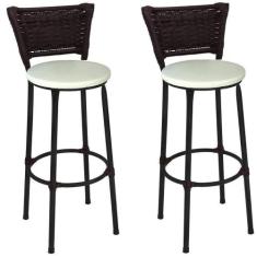 Kit 2 Banquetas Altas Preta com Encosto Junco Argila Assento Branco - 