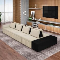 Sofá Ilha com Encosto e Almofadas Móveis Olimpo 465cm Modulado Linho/PU Bege/Preto G45 - Gran Belo