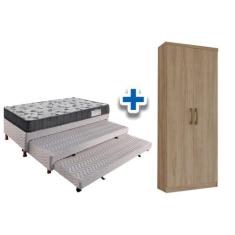 Cama Box Solteiro c/ 2 Aux + Armário Multiuso Margarida Rústico - Henn