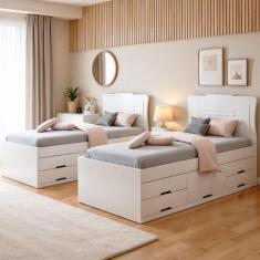 Conjunto 2 Cama Solteiro 5 Gavetas Júlia Branco - Conquista Móveis